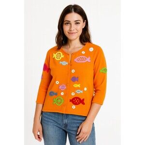 Michael Simon Fish Underwater‎ Sweater Women's L Orange Novelty Knit Y2K Artwear